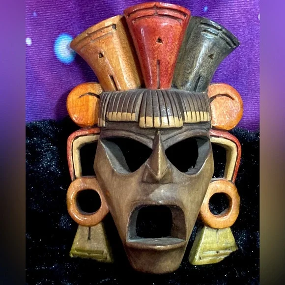 Hand Carved Mayan Wood Mask Aztec Incan Tribal Primitive Wall Decor - Picture 3 of 12